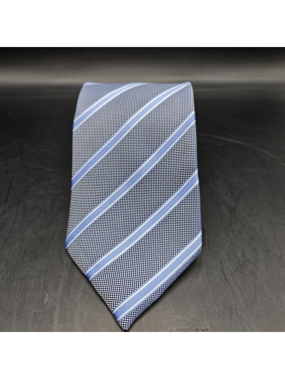 Kai Long Mens Gray and Blue Striped Silk Repp Tie Hand Made 57"x3" Vintage!